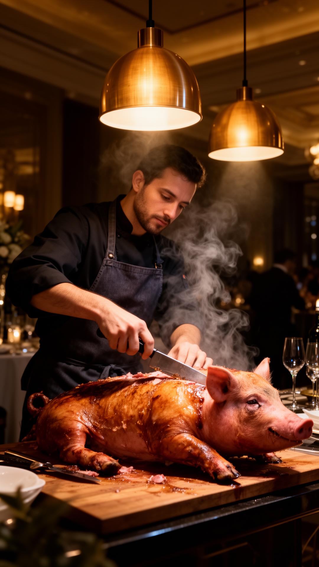 Chef carving whole hog under brass pendant lights