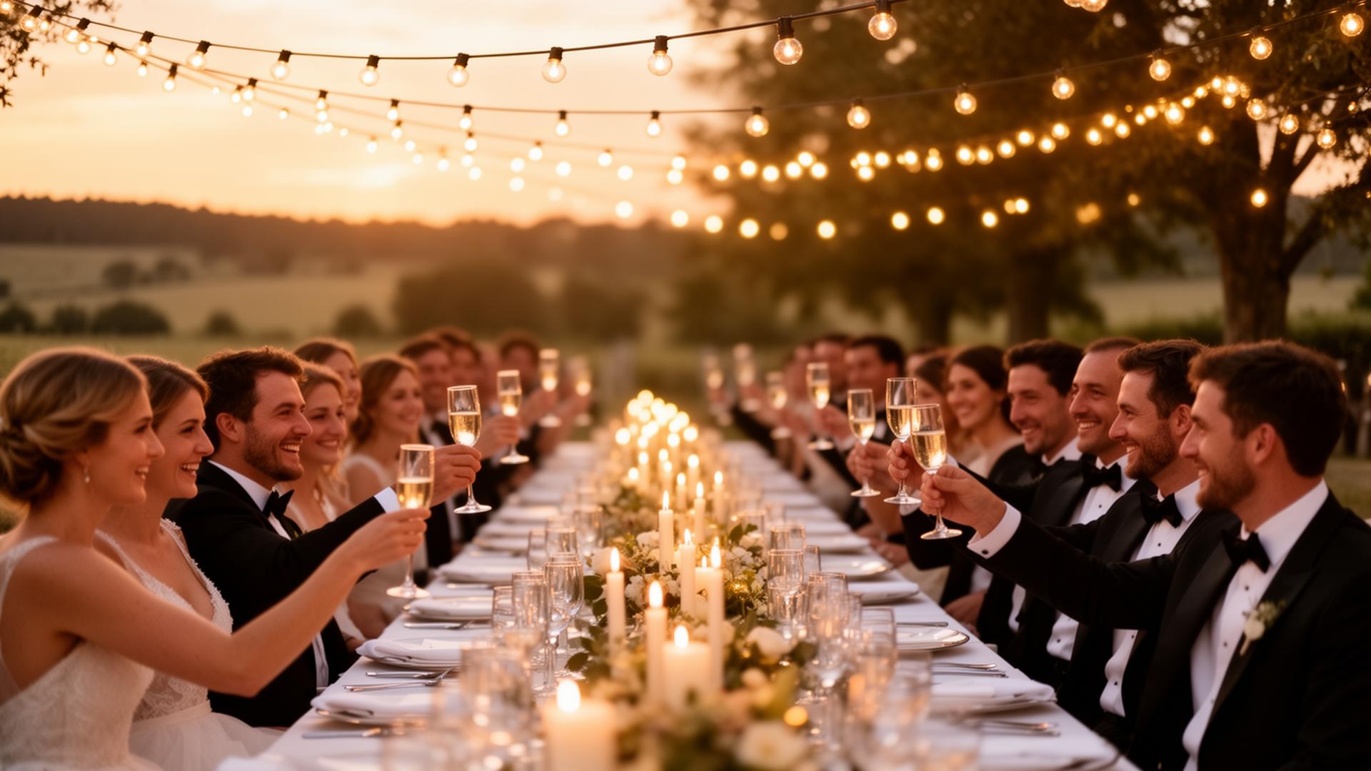 Luxury wedding banquet table at sunset with candles and champagne